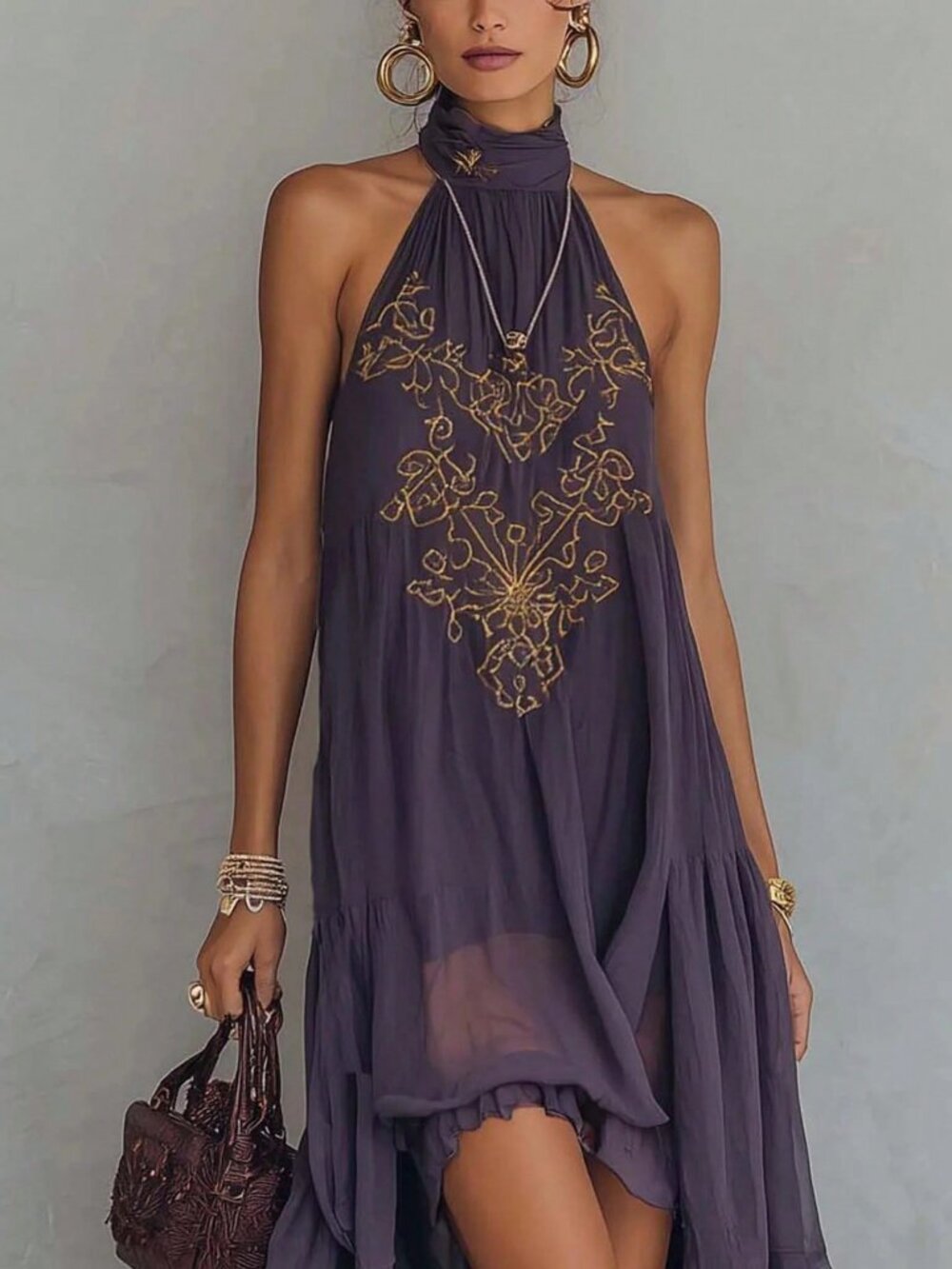 Dark Purple Casual Women's hi low Long Dress - Picture 4 of 7